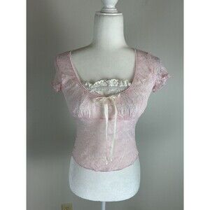 Lace Pink Y2k Top Blouse Babydoll Coquette Clean Girl Sheer Bow Ruffle Fairy
